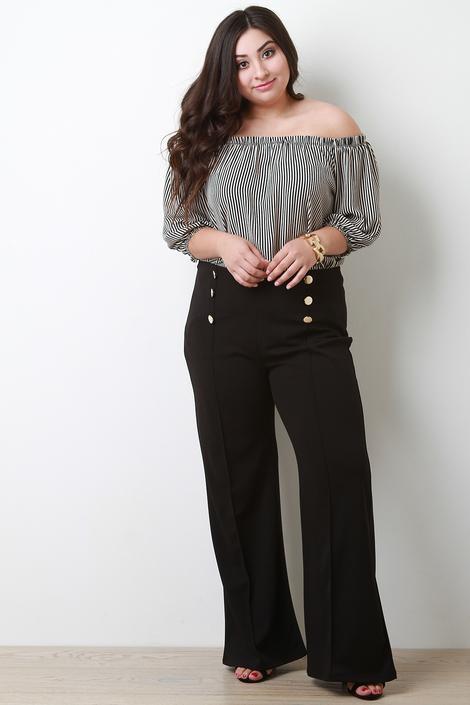 Button Decor Pintuck Flared High Waist Pants