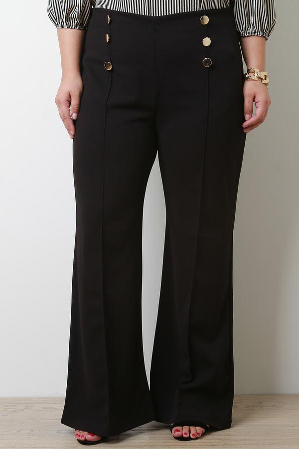 Button Decor Pintuck Flared High Waist Pants